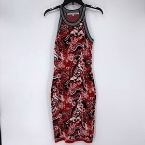 Rachel Roy‎ Sheath Dress Sz. S Red Black White Abstract Floral Halter Knit